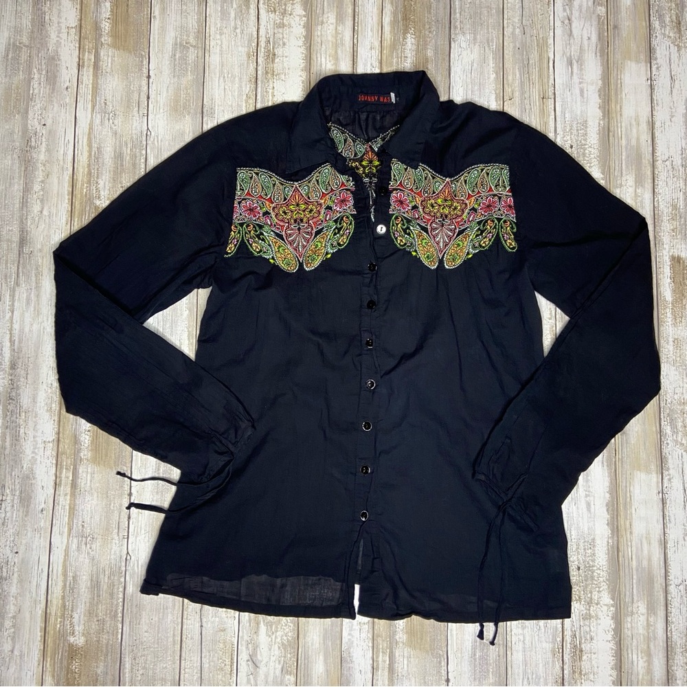 Johnny Was Embroidered Cotton Long Sleeve Button Down Size Small